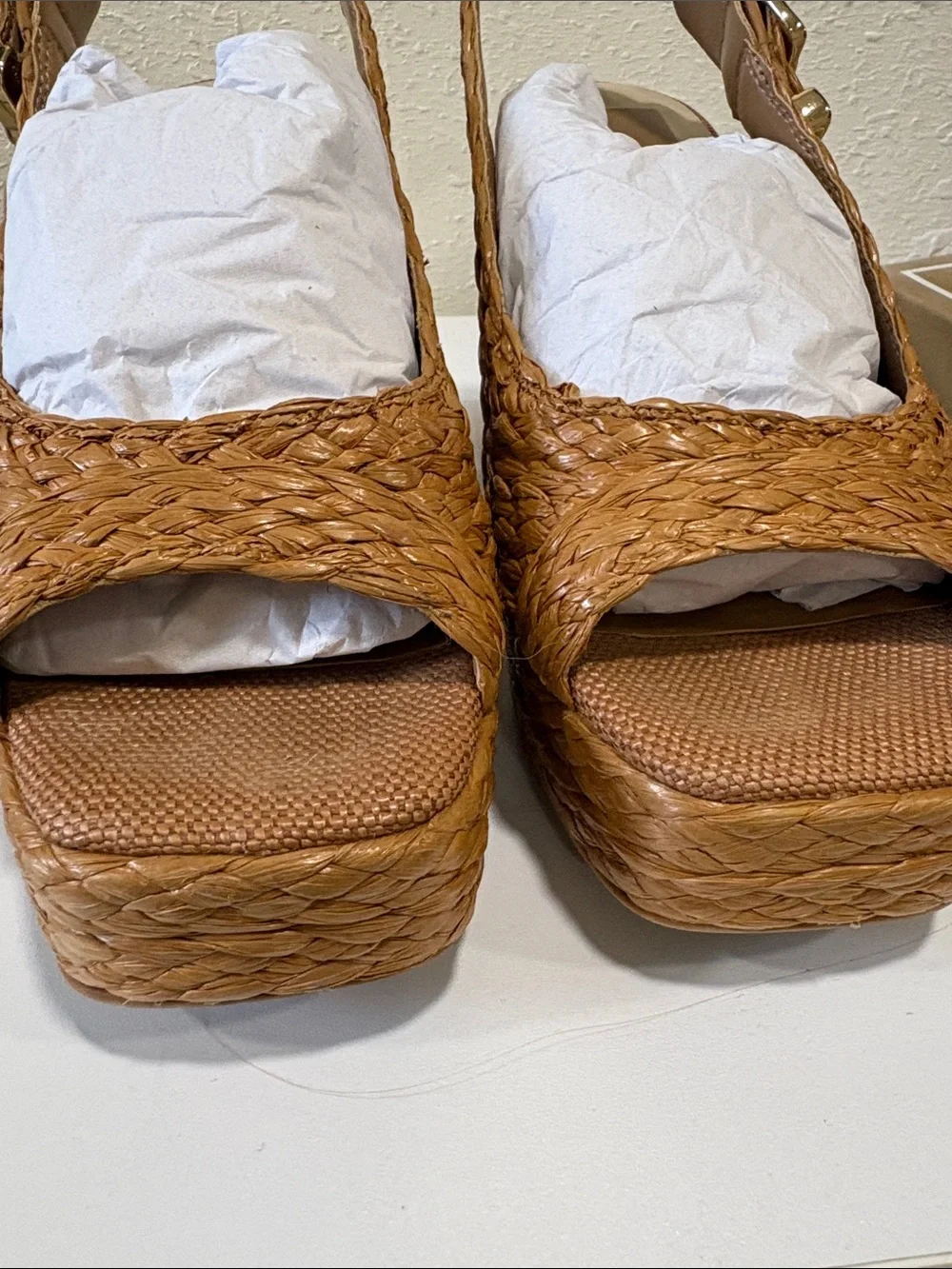 Dolce Vita Flores Cognac Raffia Platform Slingback Heels in Tan